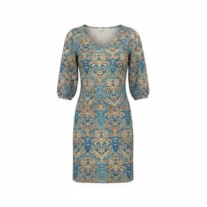 Vintage-Inspired Turquoise, Blue and Gold Patterned Dress
